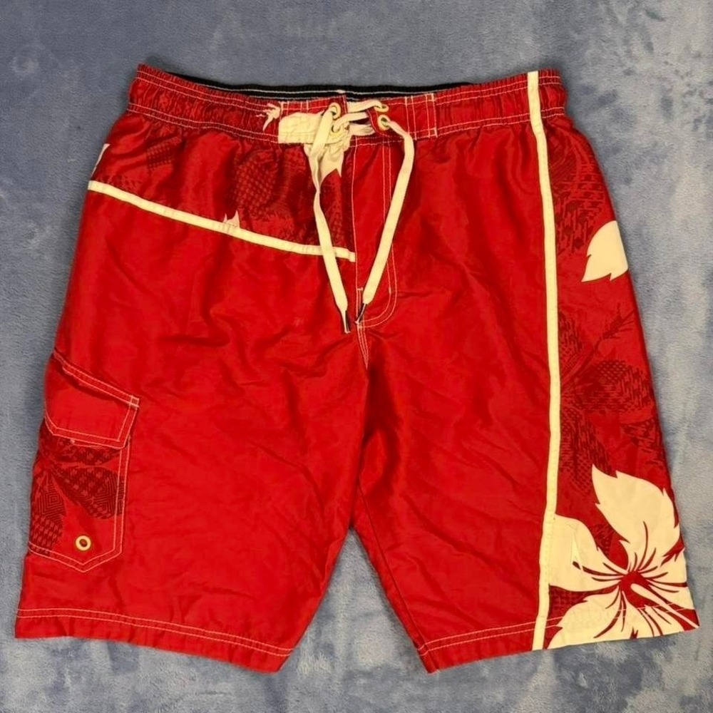 Red Speedo swim trunks with‎ white accents men size L